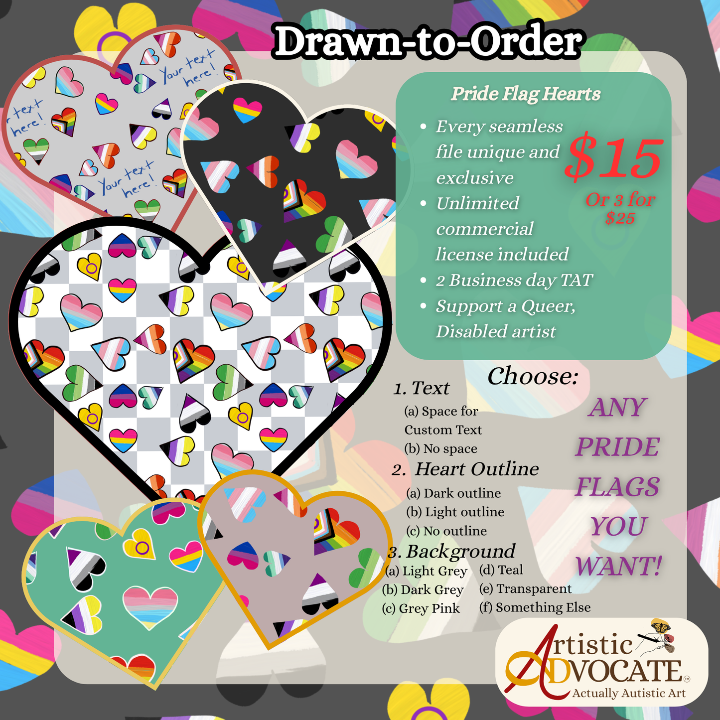 Drawn-to-Order PRIDE Hearts